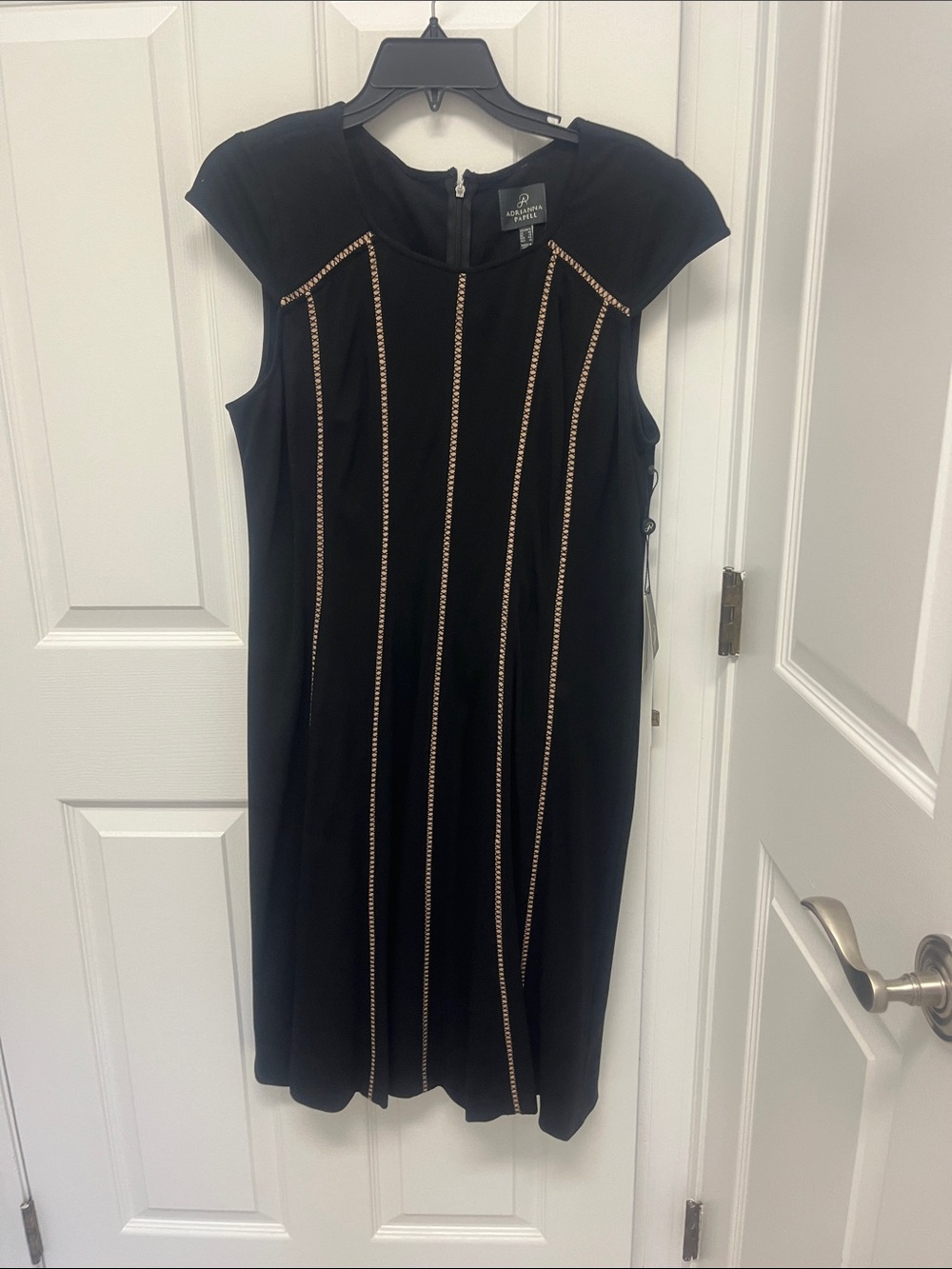 Adrianna Papell Black Midi Sheath Dress with Nude Trim